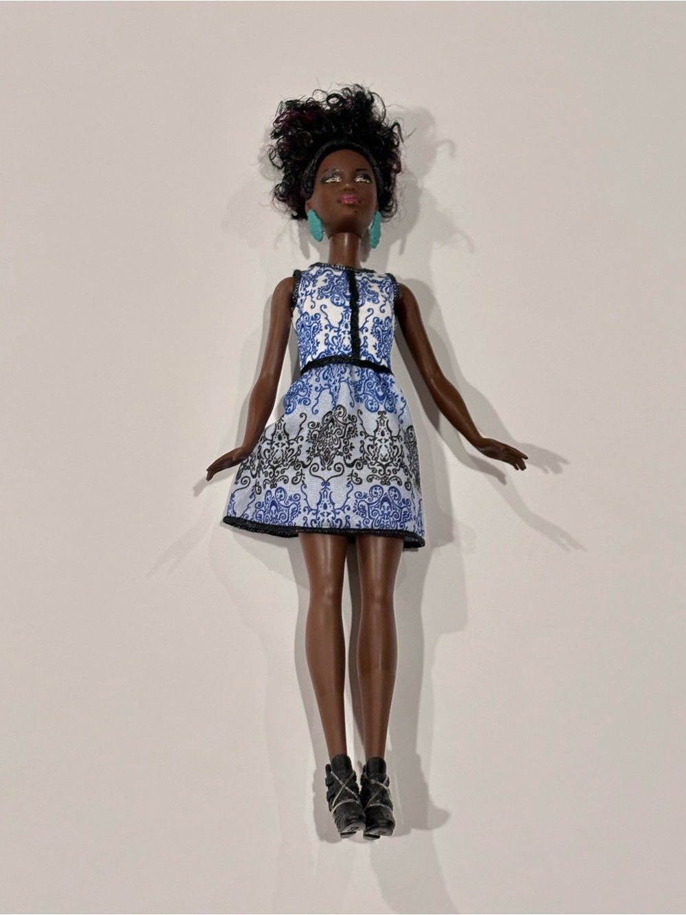 Barbie with Blue and White Patterned Dress with Black Trim